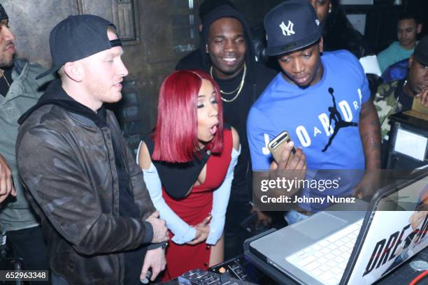 Drewski, Cardi B and Jaquae during Tanduay After Party With Cardi B And Dave East at The Griffin on March 12, 2017 in New York City.