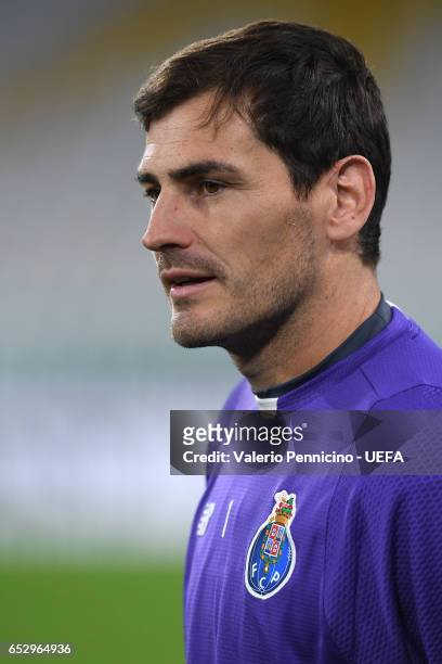 Iker Casillas of FC Porto looks on during a training session ahead of the UEFA Champions League Round of 16 second leg match between Juventus FC and...