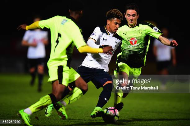 Marcus Edwards of Tottenham Hotspur weaves his way through the Reading defence during the Premier League 2 match between Tottenham Hotspur and...