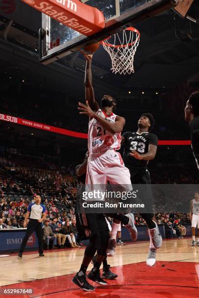 March 13 : CJ Leslie of the Raptors 905 lays the ball to the basket during the game against the Austin Spurs at the Air Canada Centre on March 13,...
