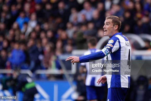 Alex Bergantiños midfielder of Deportivo de La Coruña reacts during the La Liga Santander match between Deportivo de La Coruña and FC Barcelona at...