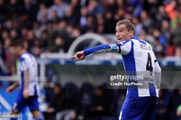 Alex Bergantiños midfielder of Deportivo de La Coruña reacts during the La Liga Santander match between Deportivo de La Coruña and FC Barcelona at...