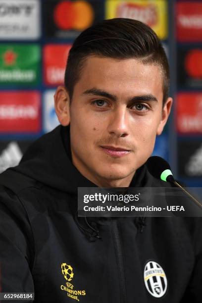 Paulo Dybala of Juventus FC faces the media during a press conference ahead of the UEFA Champions League Round of 16 second leg match between...