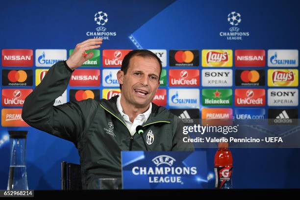 Juventus FC head coach Massimiliano Allegri faces the media during a press conference ahead of the UEFA Champions League Round of 16 second leg match...