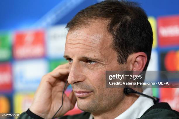 Juventus FC head coach Massimiliano Allegri faces the media during a press conference ahead of the UEFA Champions League Round of 16 second leg match...