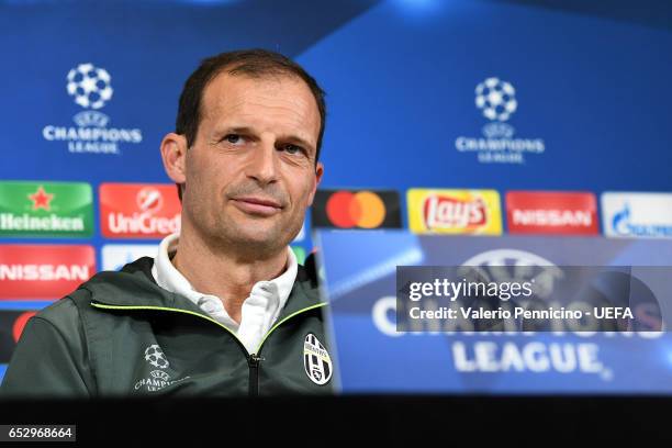 Juventus FC head coach Massimiliano Allegri faces the media during a press conference ahead of the UEFA Champions League Round of 16 second leg match...