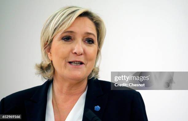 French far-right political party National Front President, Marine Le Pen delivers a speech focused on the theme "Citizenship" during a press...