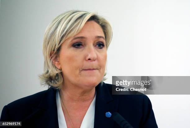 French far-right political party National Front President, Marine Le Pen delivers a speech focused on the theme "Citizenship" during a press...