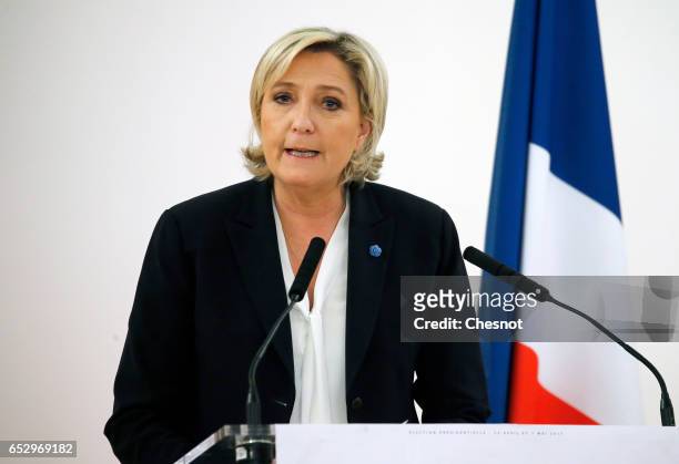 French far-right political party National Front President, Marine Le Pen delivers a speech focused on the theme "Citizenship" during a press...
