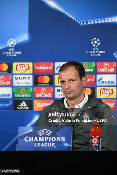 Juventus FC head coach Massimiliano Allegri faces the media during a press conference ahead of the UEFA Champions League Round of 16 second leg match...