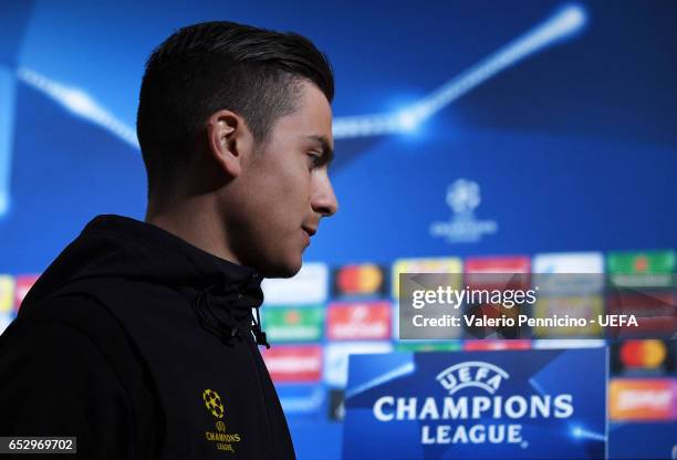 Paulo Dybala of Juventus FC arrives at the media press conference ahead of the UEFA Champions League Round of 16 second leg match between Juventus FC...