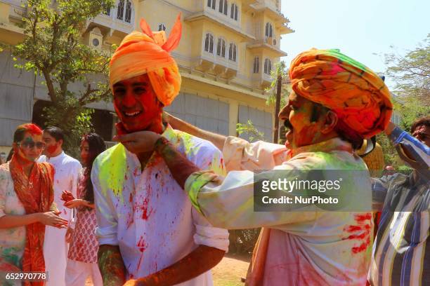 Jaipur's Maharaja Sawai Padmanabh Singh with his father Narendra Singh celebrating Holi Festival at City Palace in Jaipur, Rajasthan , India on 13...