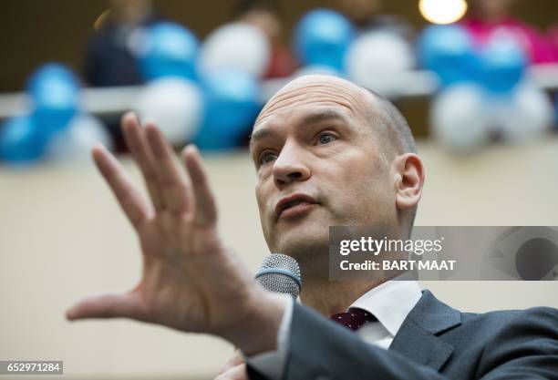 Leader of Dutch Christian Union party Gert-Jan Segers speaks during the party's campaign kick-off at the House of Representatives in The Hague,...