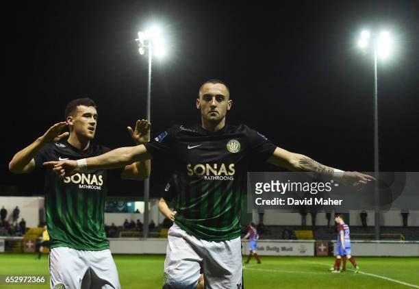 Wicklow , Ireland - 13 March 2017; Dylan Connolly of Bray Wanderers celebrates after scoring his side's second goal with team-mate Aaron Greene...