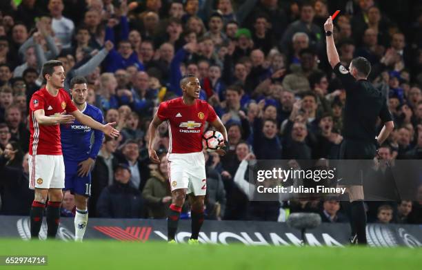 Ander Herrera of Manchester United reacts as he is shown a red card by referee Michael Oliver and is sent off during The Emirates FA Cup...