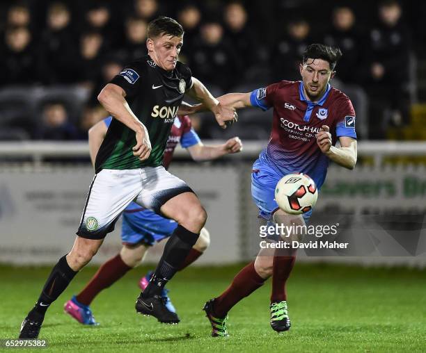 Wicklow , Ireland - 13 March 2017; Anto Flood of Bray Wanderers in action against Ciaran McGuigan of Drogheda United during the SSE Airtricity League...