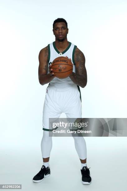 Terrence Jones of the Milwaukee Bucks pose for portraits before the Milwaukee Bucks game on March 11, 2017 at the BMO Harris Bradley Center in...