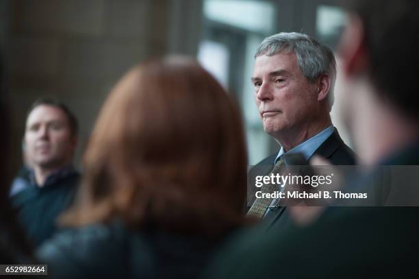 Robert P. "Bob" McCulloch, Prosecuting Attorney for St. Louis County speaks to the media during a news conference on March 13, 2017 in Clayton,...