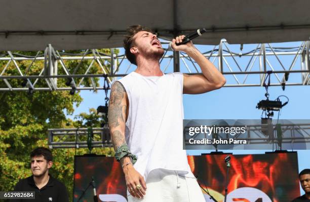 Juan David M. Castano, of Piso 21 performs during the iHeartLatino TU94.9FM Calle Ocho festival on March 12, 2017 in Miami, Florida.