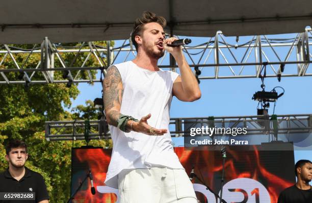 Juan David M. Castano, of Piso 21 performs during the iHeartLatino TU94.9FM Calle Ocho festival on March 12, 2017 in Miami, Florida.