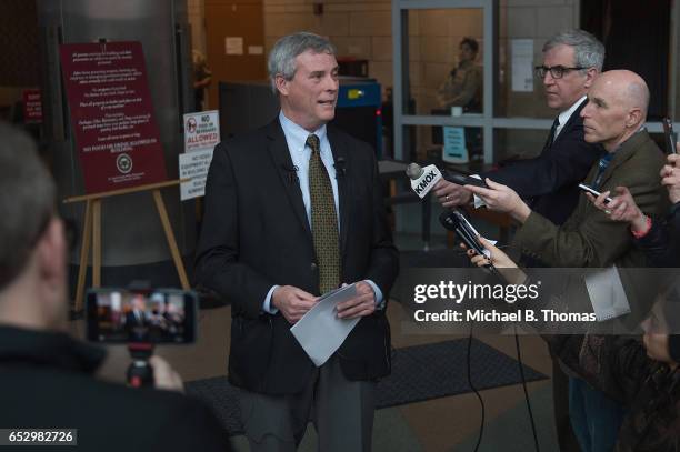 Robert P. "Bob" McCulloch, Prosecuting Attorney for St. Louis County speaks to the media during a news conference on March 13, 2017 in Clayton,...