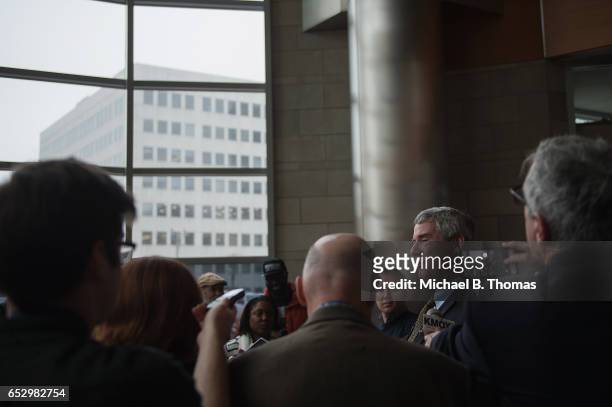 Robert P. "Bob" McCulloch, Prosecuting Attorney for St. Louis County speaks to the media during a news conference on March 13, 2017 in Clayton,...