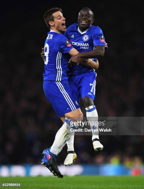 Golo Kante of Chelsea celebrates as he scores their first goal with Cesar Azpilicueta during The Emirates FA Cup Quarter-Final match between Chelsea...