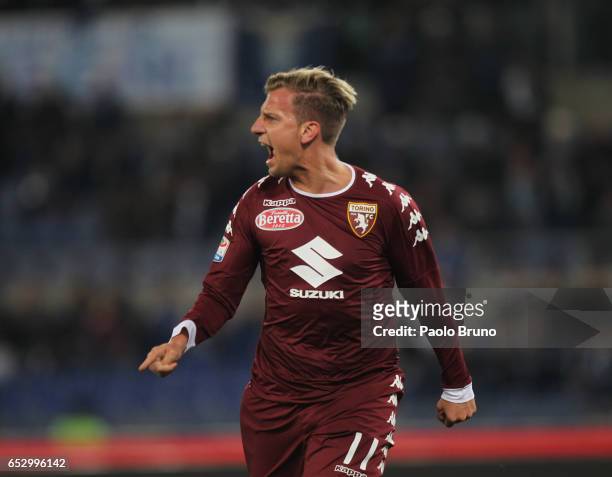 Maxi Lopez of FC Torino celebrates after scoring the team's first goal during the Serie A match between SS Lazio and FC Torino at Stadio Olimpico on...