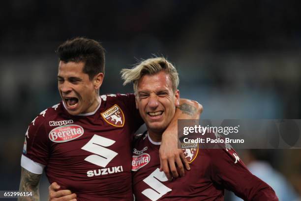 Maxi Lopez with his teammate Juan Iturbe of FC Torino celebrates after scoring the team's first goal during the Serie A match between SS Lazio and FC...