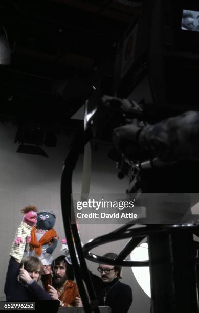 Puppeteers rehearse for an episode of Sesame Street at Reeves TeleTape Studio in 1970 in New York City, New York.