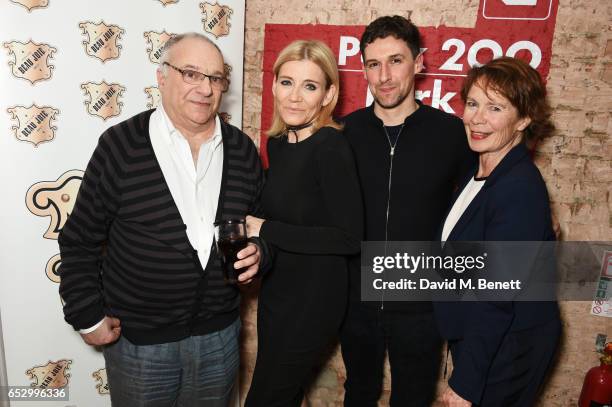 Playwright Stewart Permutt, Michelle Collins, Joe Coen and Celia Imrie attend the press night performance of "A Dark Night In Dalston" at the Park...