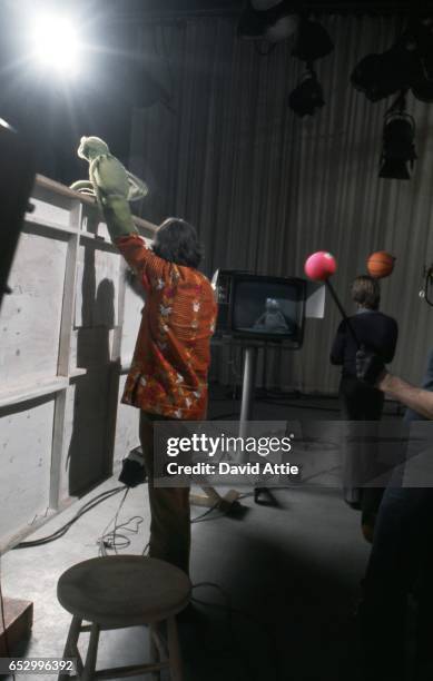 Puppeteer Jim Henson rehearses for an episode of Sesame Street at Reeves TeleTape Studio in 1970 in New York City, New York.