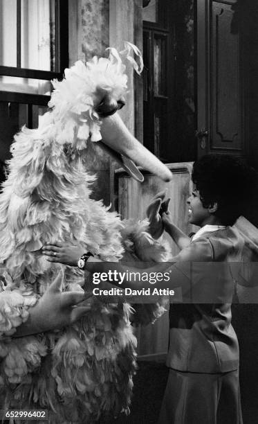 Actress Loretta Long and puppeteer Caroll Spinney in his 'Big Bird' costume during rehearsals for an episode of Sesame Street at Reeves TeleTape...