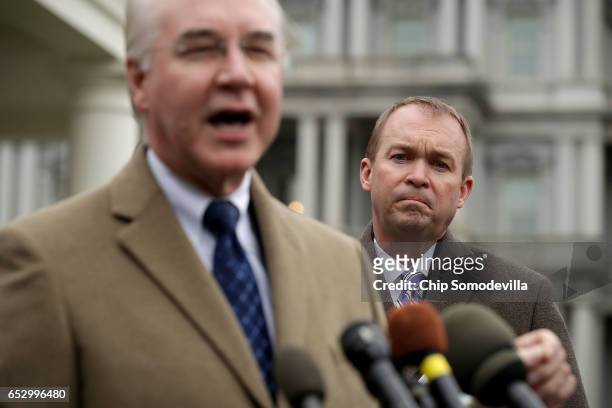 Health and Human Services Secretary Tom Price and Office of Management and Budget Director Mick Mulvaney talk to reporters following the release of...