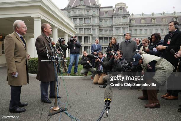 Health and Human Services Secretary Tom Price and Office of Management and Budget Director Mick Mulvaney talk to reporters following the release of...