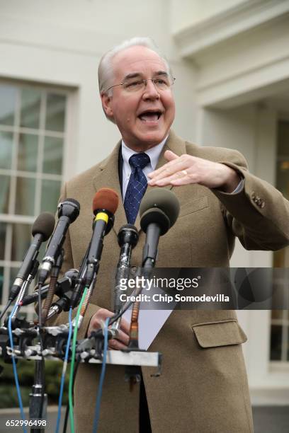 Health and Human Services Secretary Tom Price talks to reporters following the release of the Congressional Budget Office report on the proposed...