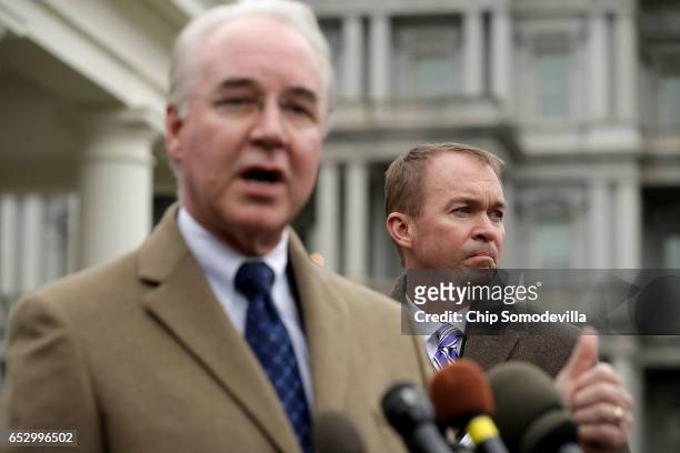 Health and Human Services Secretary Tom Price and Office of Management and Budget Director Mick Mulvaney talk to reporters following the release of...