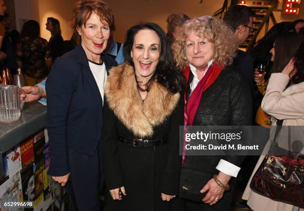 Celia Imrie, Lesley Joseph and Jenny Beavan attend the press night performance of "A Dark Night In Dalston" at the Park Theatre on March 13, 2017 in...