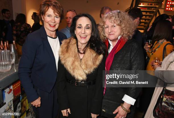 Celia Imrie, Lesley Joseph and Jenny Beavan attend the press night performance of "A Dark Night In Dalston" at the Park Theatre on March 13, 2017 in...