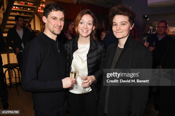 Cast member Joe Coen, Lucy Briggs-Owen and guest attend the press night performance of "A Dark Night In Dalston" at the Park Theatre on March 13,...