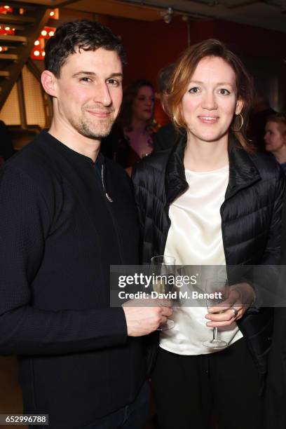 Cast member Joe Coen and Lucy Briggs-Owen attend the press night performance of "A Dark Night In Dalston" at the Park Theatre on March 13, 2017 in...