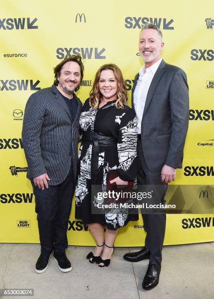 Executive Producer Ben Falcone, his wife, actress Melissa McCarthy, and Executive Producer Michael McDonald attend the "Nobodies" premiere during...