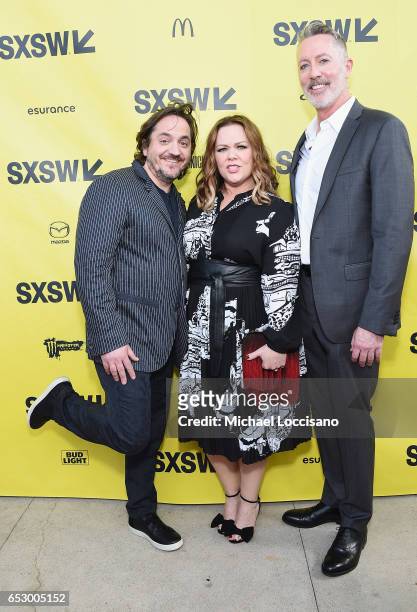 Executive Producer Ben Falcone, his wife, actress Melissa McCarthy, and Executive Producer Michael McDonald attend the "Nobodies" premiere during...