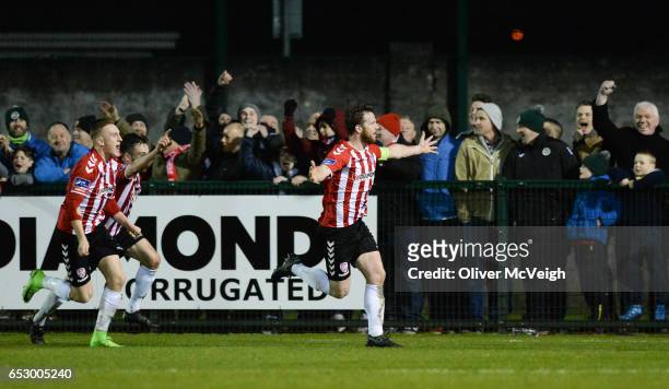 Donegal , Ireland - 13 March 2017; Ryan McBride of Derry City celebrates after scoring his side's third goal during the SSE Airtricity League Premier...