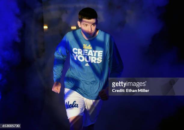Leaf of the UCLA Bruins is introduced before a quarterfinal game of the Pac-12 Basketball Tournament against the USC Trojans at T-Mobile Arena on...