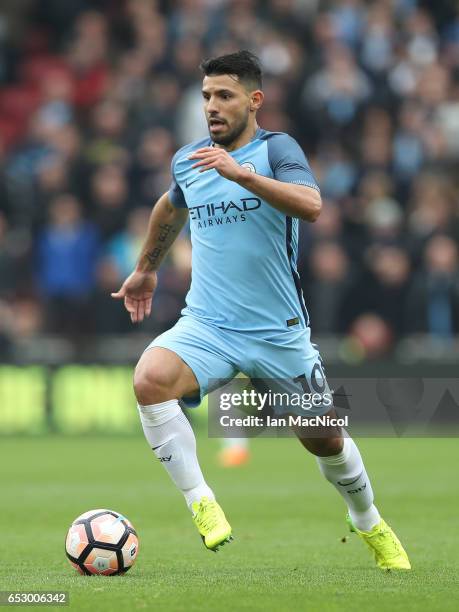 Sergio Aguero of Manchester City controls the ball during the Emirates FA Cup quarter-final match between Middlesborough and Manchester City at...