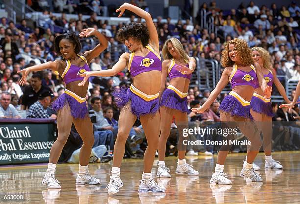 View of the Los Angeles Lakers cheerleaders perform their routine on the court during the game against the Detroit Pistons at the STAPLES Center in...