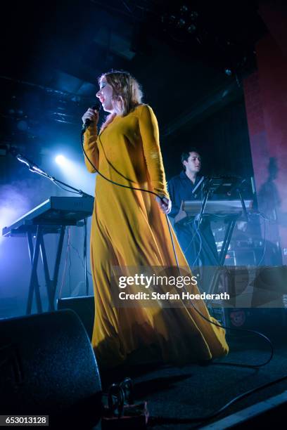 Singer Katie Stelmanis and Dorian Wolf of Austra perform live on stage during a concert at Astra on March 13, 2017 in Berlin, Germany.