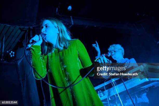 Singer Katie Stelmanis and Ryan Wonsiak of Austra perform live on stage during a concert at Astra on March 13, 2017 in Berlin, Germany.