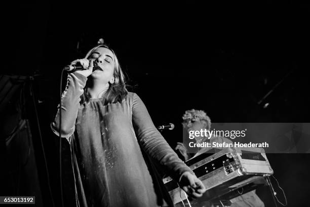 Singer Katie Stelmanis and Ryan Wonsiak of Austra perform live on stage during a concert at Astra on March 13, 2017 in Berlin, Germany.